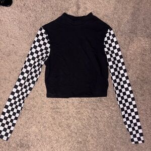 Black and White Checkered Sleeve Women's Top